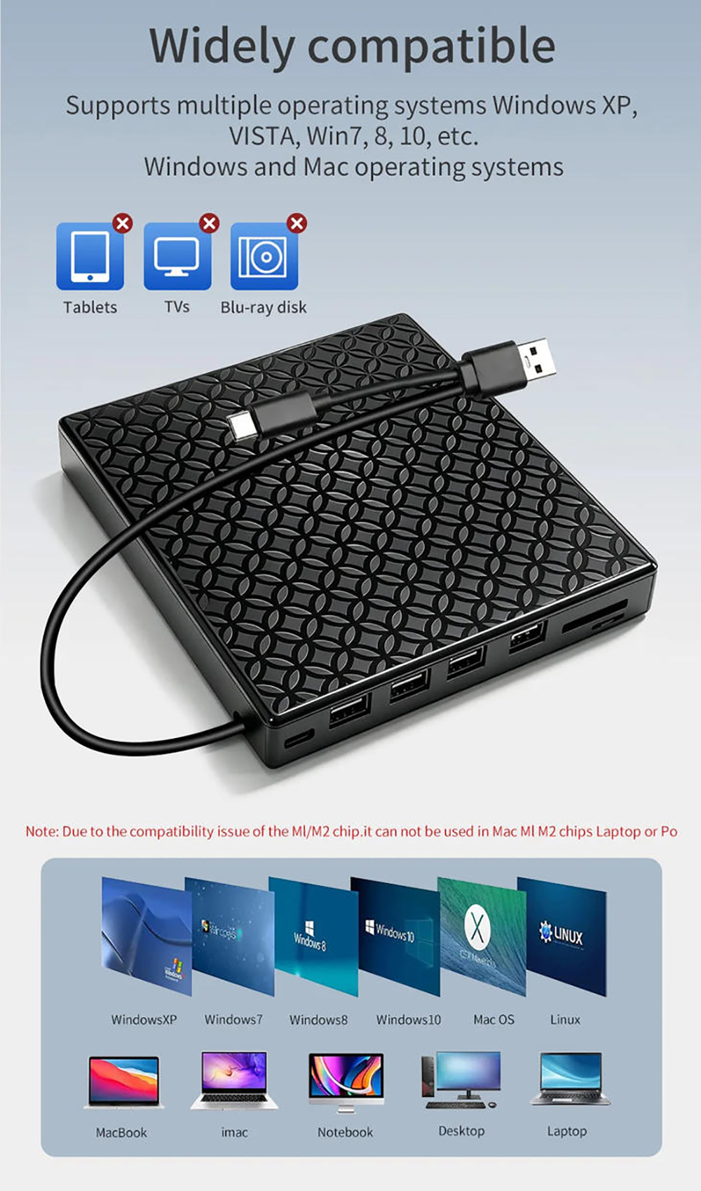 External CD/DVD Drive for Laptop, Portable DVD Player for Laptop, 8 in 1 USB 3.0 Ultra-Slim Portable