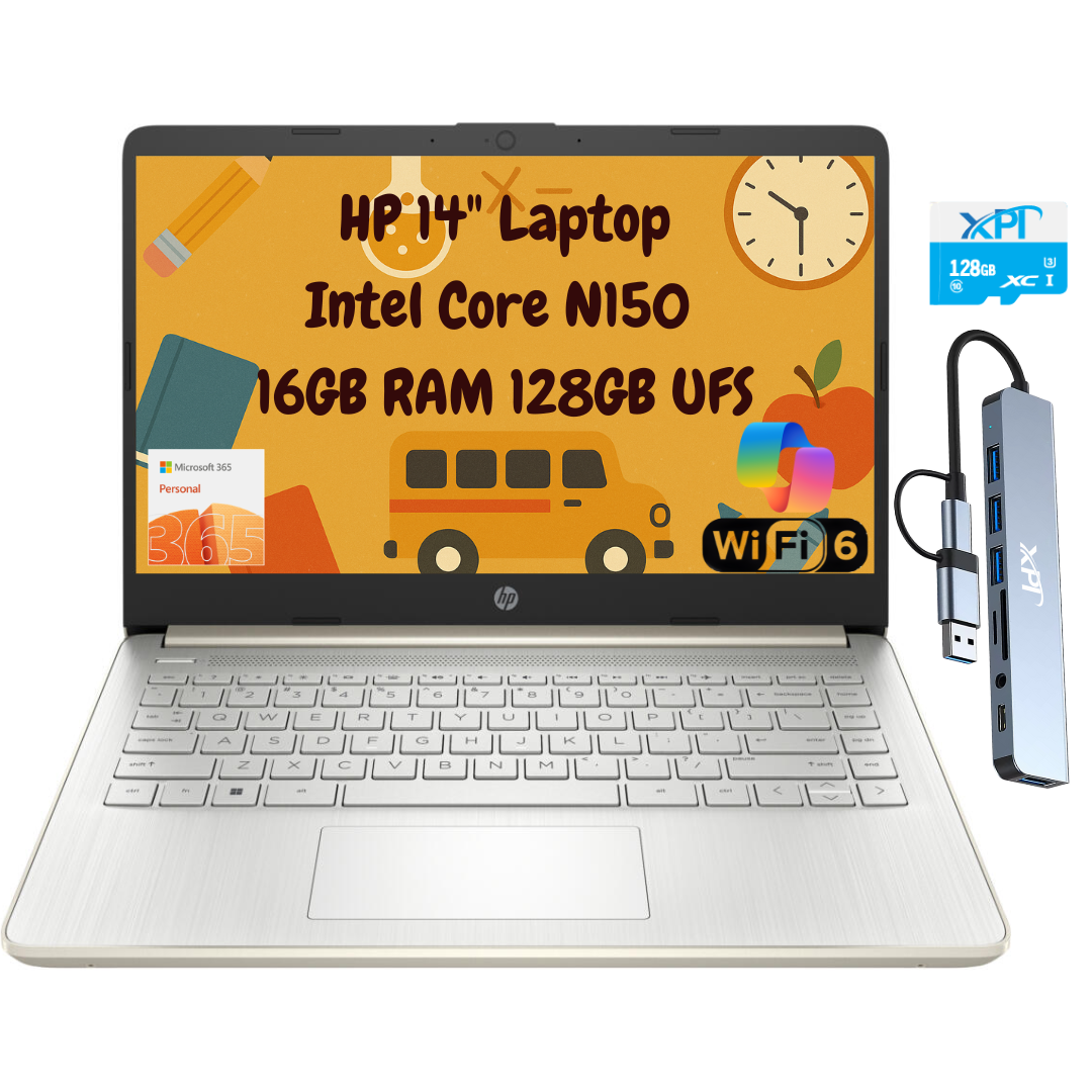 HP 14 HD Intel N150 4GB 8GB 12GB RAM 128GB eMMC WiFi Student Personal Laptop Gold Copilot Windows 11