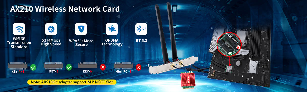 5374Mbps Intel AX210 Wifi 6E M.2 NGFF Wireless Card Bluetooth 5.3 AX210NGW  Network Card 2.4G/5Ghz 802.11ax WiFi Adapter Antenna