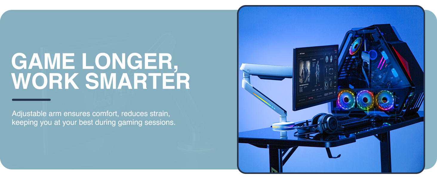 single monitor arm, LED monitor arm, RGB monitor arm, gaming monitor arm, VESA mount, ergonomic