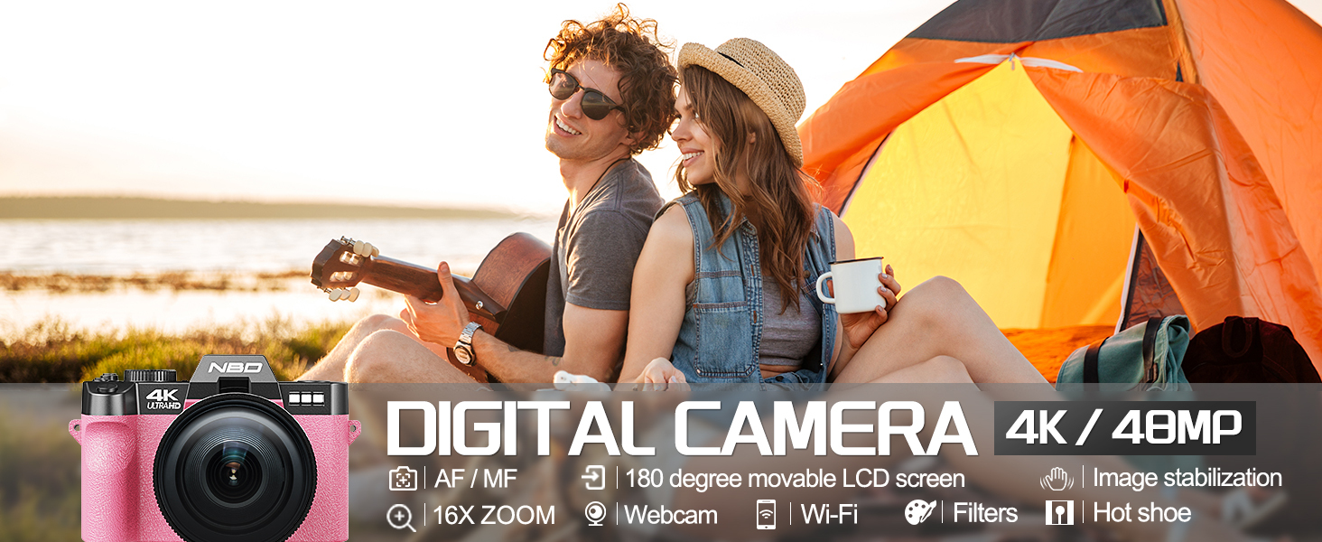 Pink 4K 48MP digital camera, outdoor camping vlogging camera with flip screen