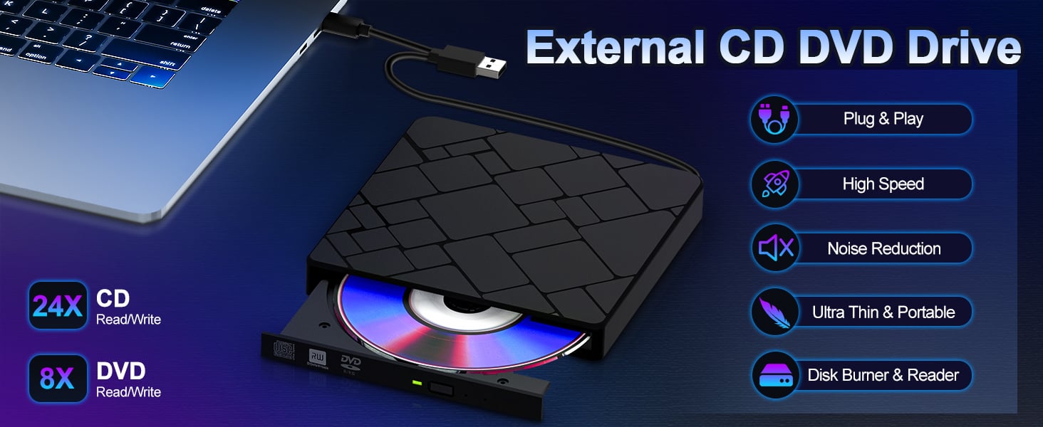 Our external CD DVD drive for laptop, you can insert it into your laptop or desktop computer to auto