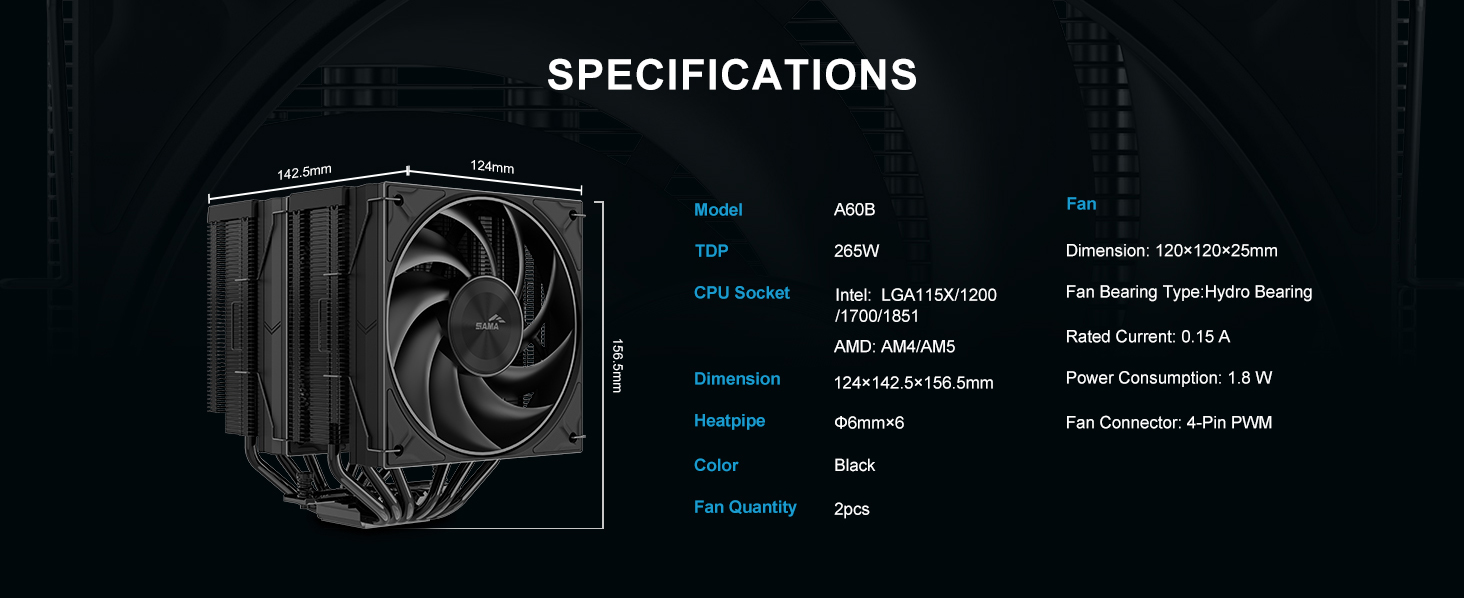 SAMA A60B Dual-Tower CPU Air Cooler Black