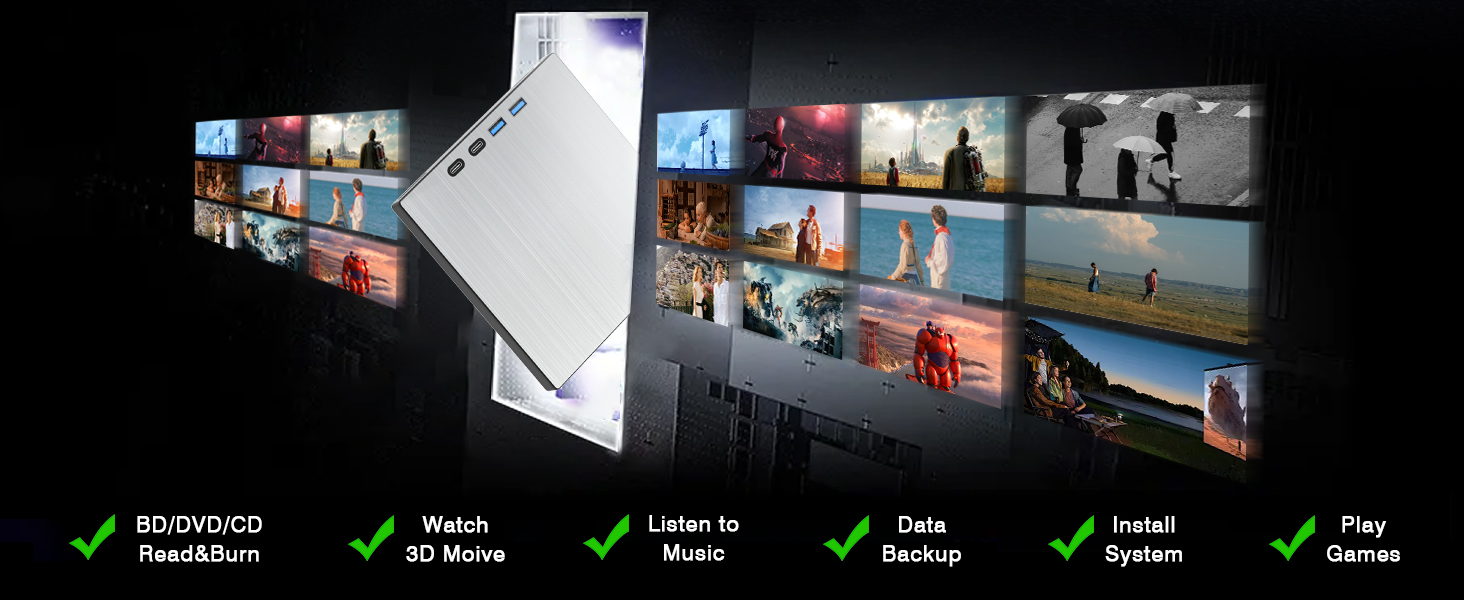 External Blu ray Drive for Laptop, Blu Ray Burner, USB 3.0 Type-C External Bluray DVD Drive