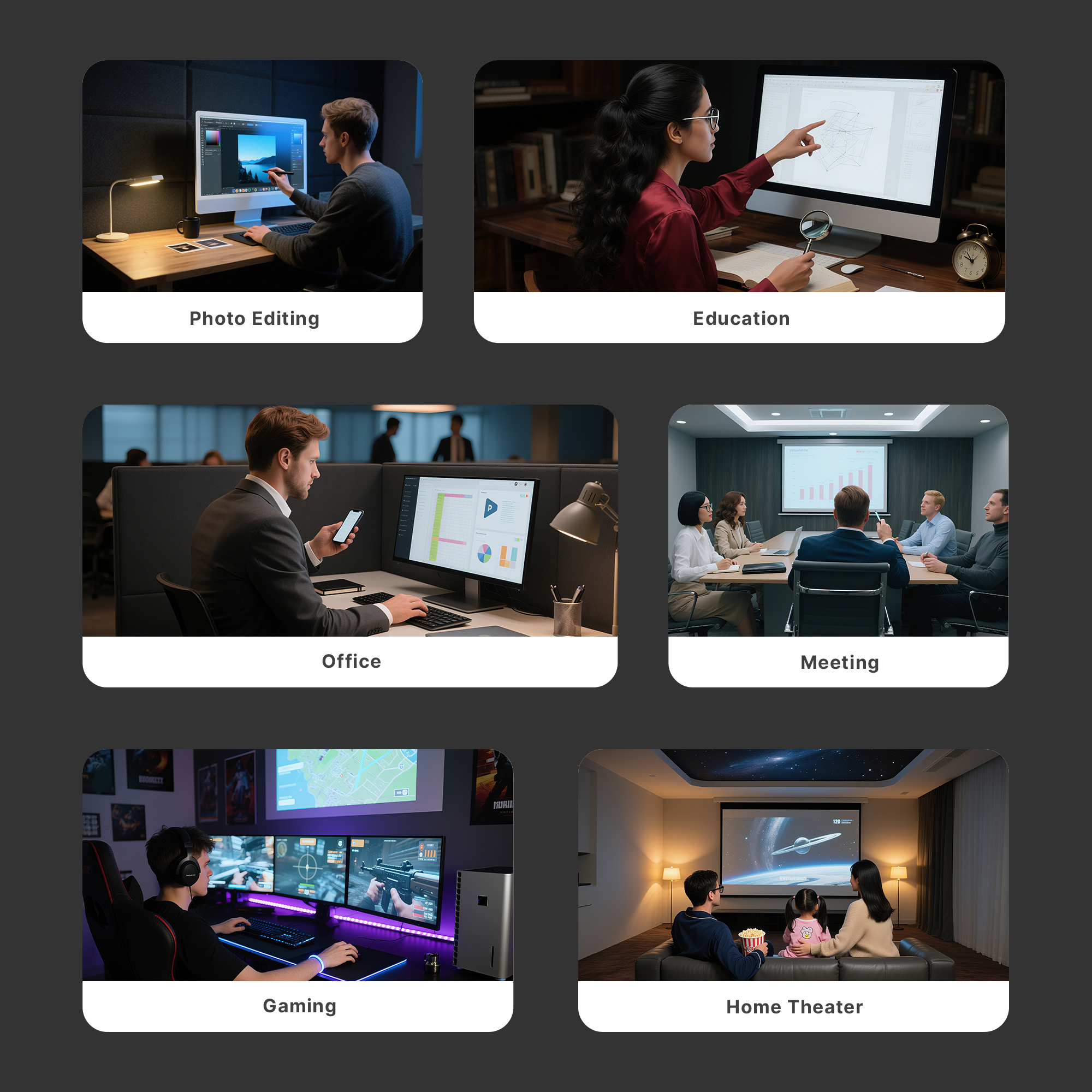 Photo Editing,Education,Office  Meeting,Gaming,Home Theater