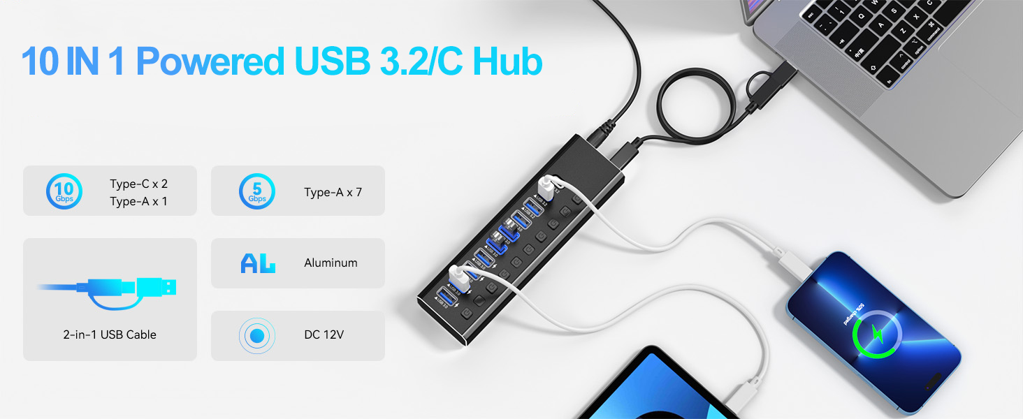 Powered USB Hub 3.2, 10-Port USB 3.2/USB C Hub (10Gbps USB-A 3.2 +2 USB-C 3.2 +7 USB 3.0 Ports) with