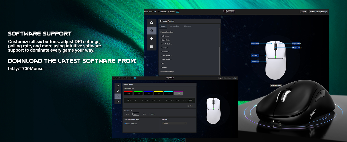 Wireless Gaming Mouse, Adjustable 10K DPI 1K Optical Sensor Tri-Mode Wireless Mouse