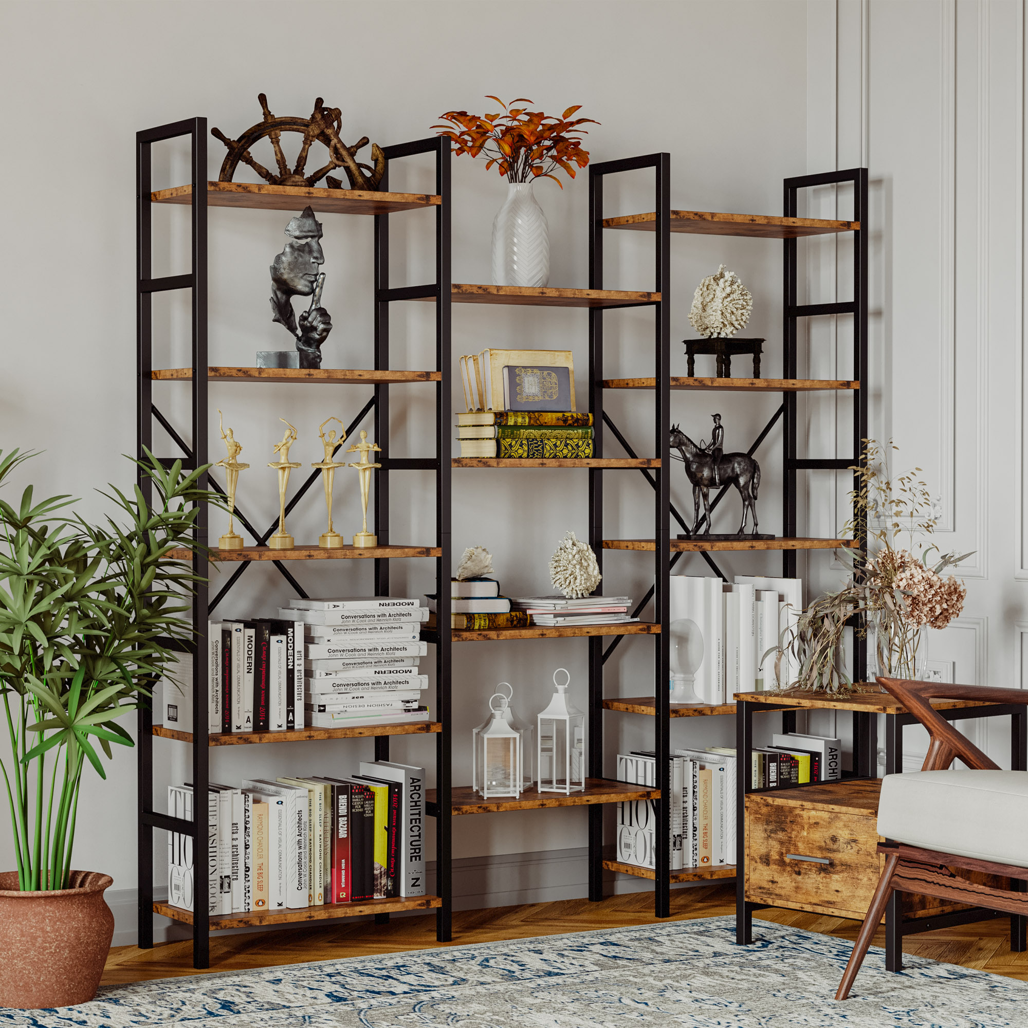 KIVENJAJA Triple Wide 5-Tier Bookshelf, Industrial Display