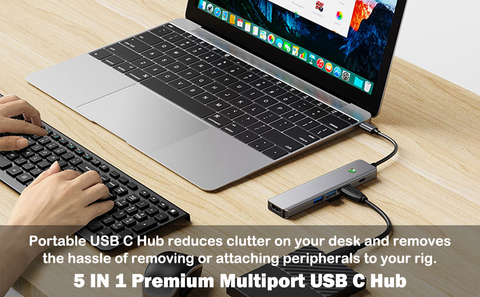 Hitoor 5 in 1 USB C Hub, One Click Screen Projection/Rest MF Mac USB C Adapter, Great for Kids with