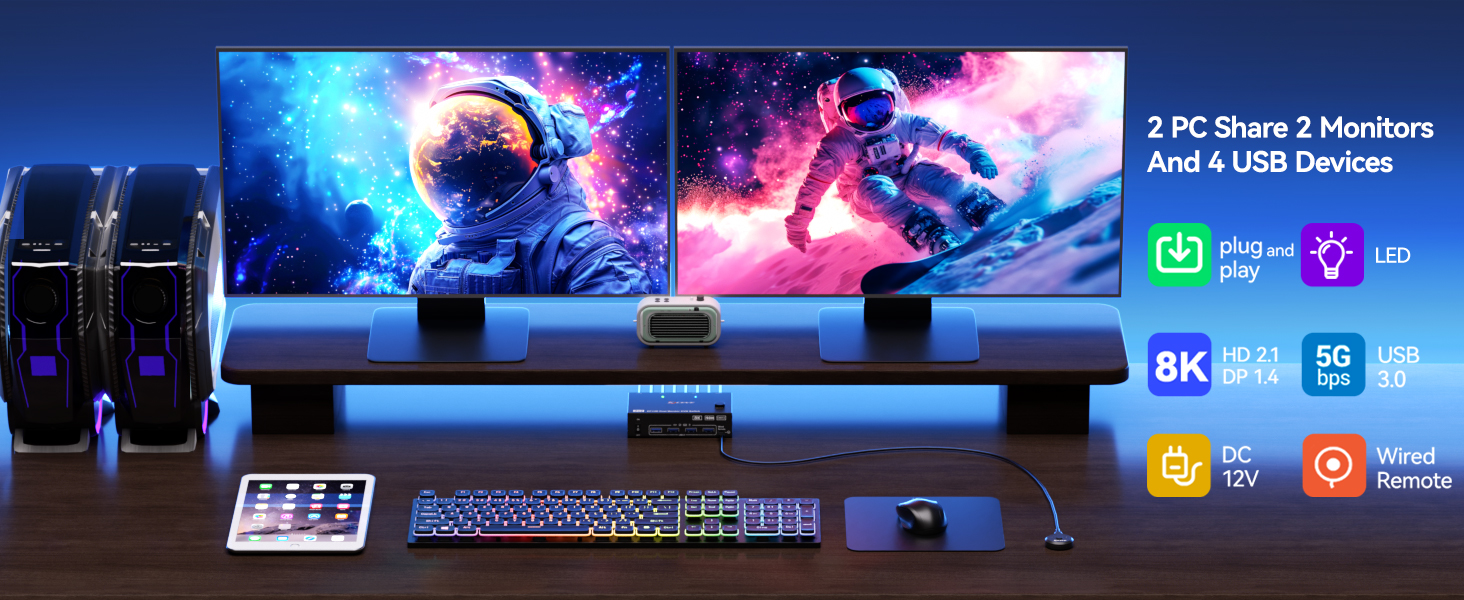 Displayport + HDMI KVM Switch 2 Monitors 2 Computers 4K@144Hz, USB3.0 Dual Monitor KVM Switch for 2