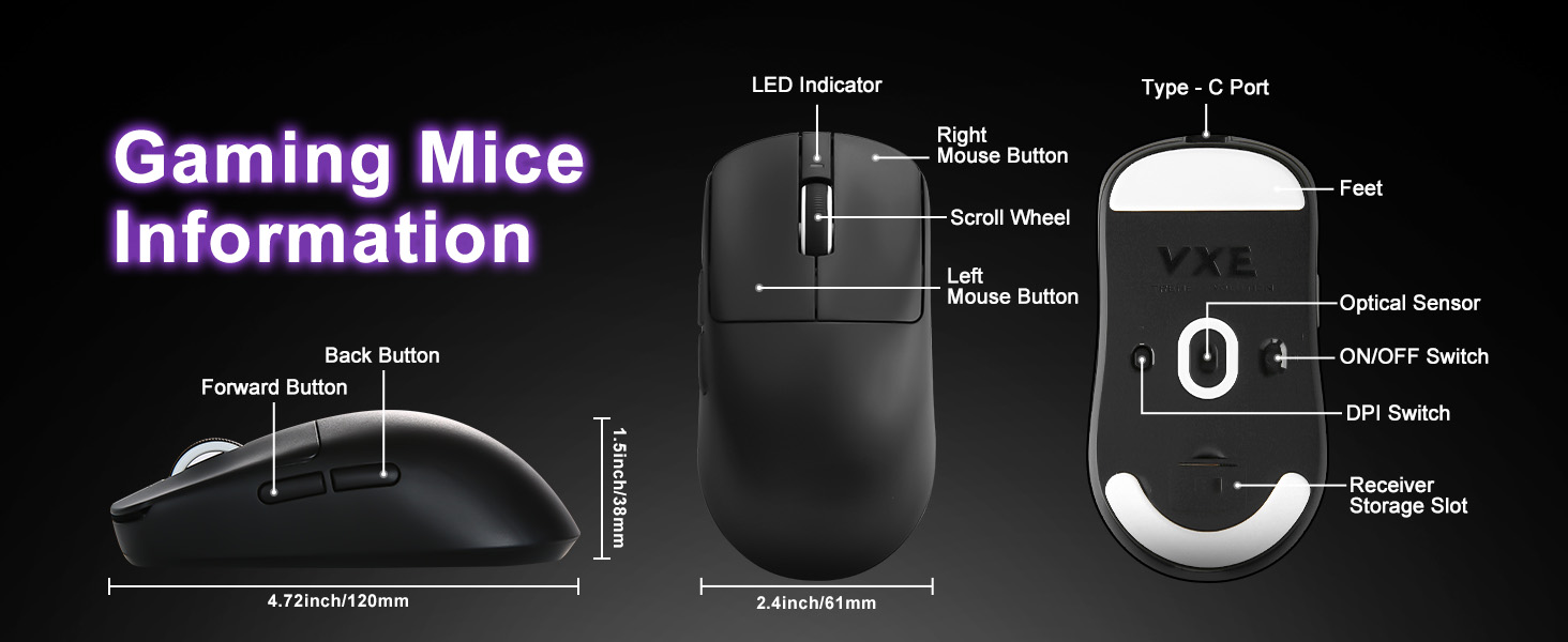 Wireless Gaming Mouse, 18000 DPI, High-Precision PAW3395 SE Sensor,55g Lightweight, Tri-Mode 2.4G/BT