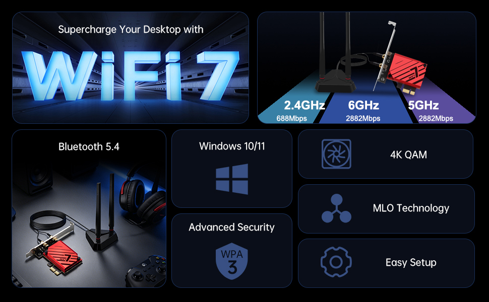 BE6500 WiFi 7 PCIe Network Card for Desktop PC,Tri-Band 2.4G/5G/6GHz Wireless Adapter with Bluetooth