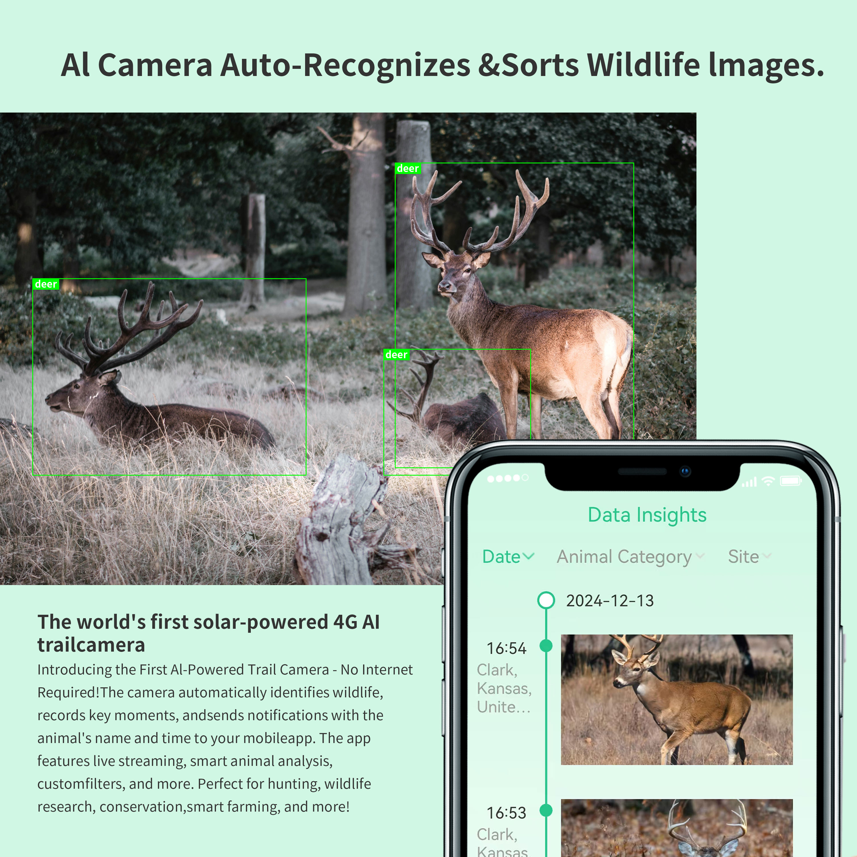 AI wildlife recognition, 4G app monitoring, animal detection, smart sorting, trail camera app