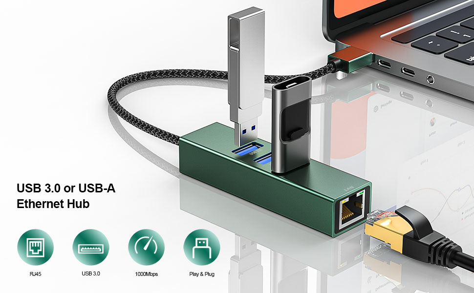 The 3 Port USB 3.0 Ethernet Hub with 3 USB 3.0 Port and 1 RJ45 Gigabit Ethernet Network Port