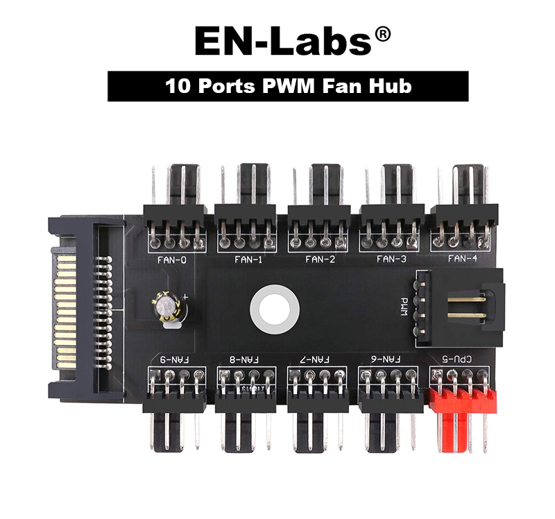 EnLabs PWMHUB10S 10 Ports 4-Pin PWM Fan Hub, SATA 15pin to 10 Fan