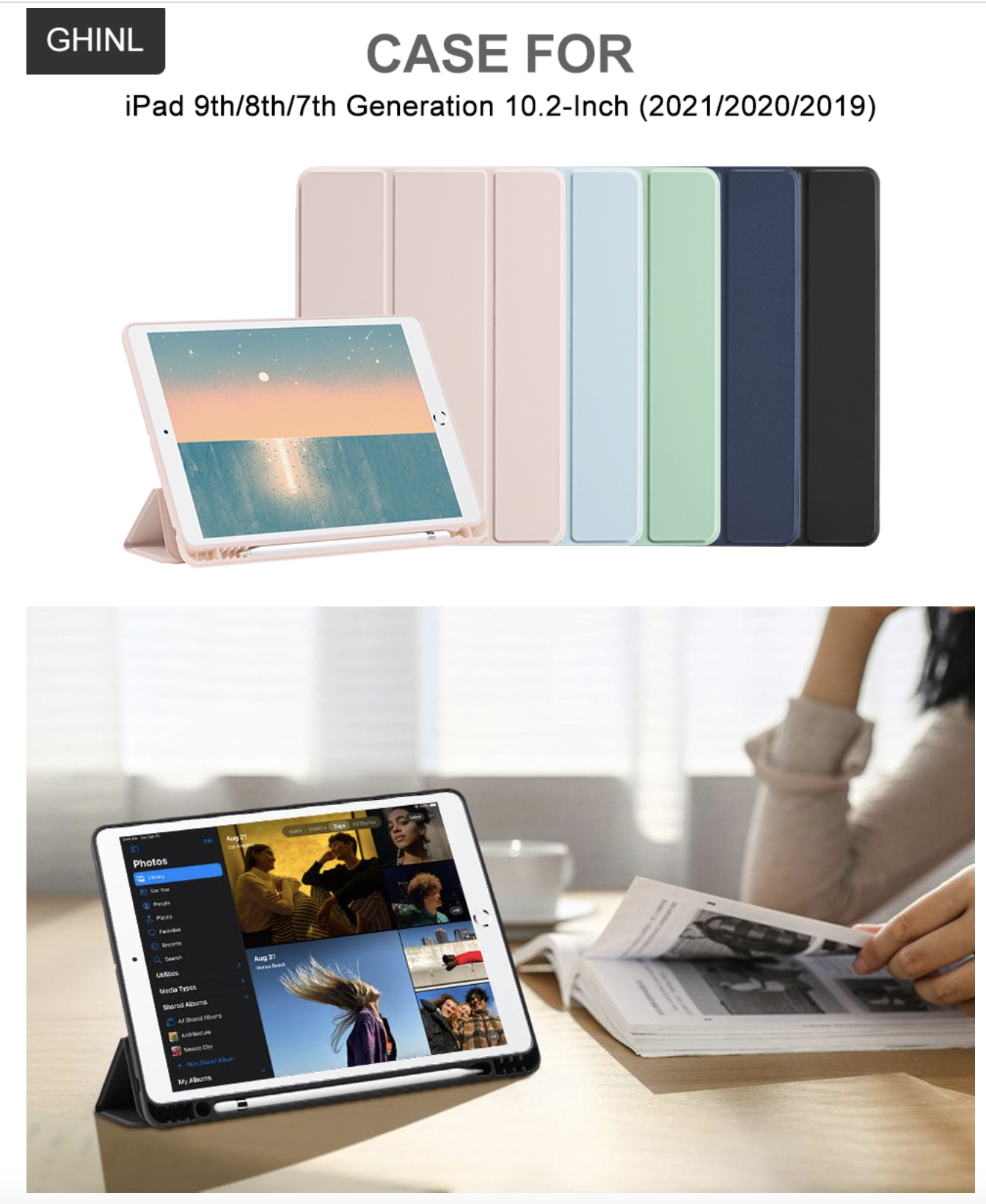 GHINL iPad 9th/8th/7th Generation Case (2021/2020/2019) iPad 10.2-Inch Case  with Pencil Holder [Sleep/Wake] Slim Soft TPU Back Smart Magnetic Stand