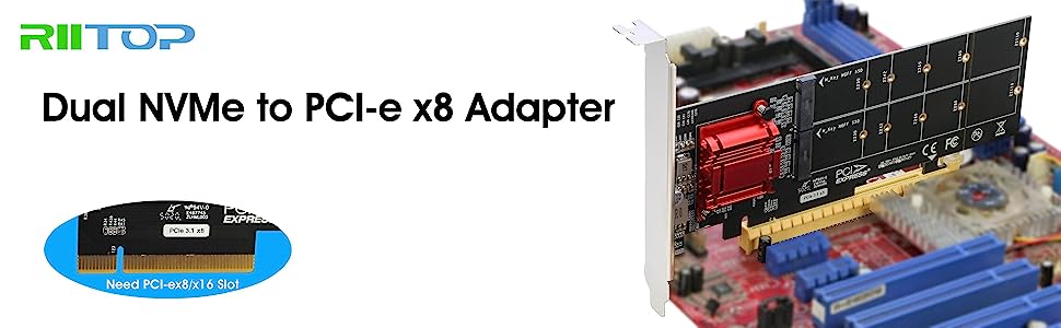 Dual NVMe PCIe Adapter, RIITOP M.2 NVMe SSD to PCI-e 3.1 x8/x16
