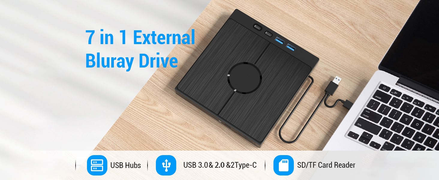 AUTYUE External Bluray Drive [7 in 1], Portable Blu-ray DVD Burner with USB 3.0/Type-C/SD/TF Card Po