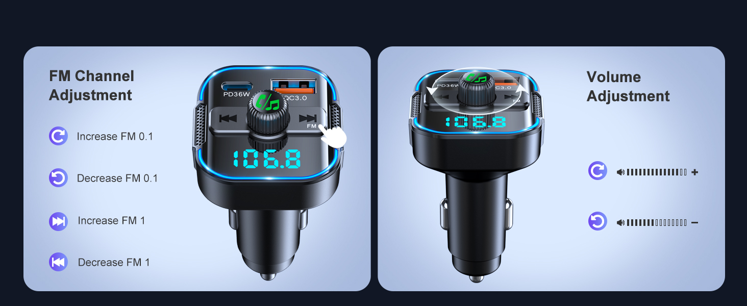 Upgrade Bluetooth 5.3 Car Adapter [PD 36W+QC3.0 18W], 2-in-1 FM Transmitter [Dual Stronger Mics] & F