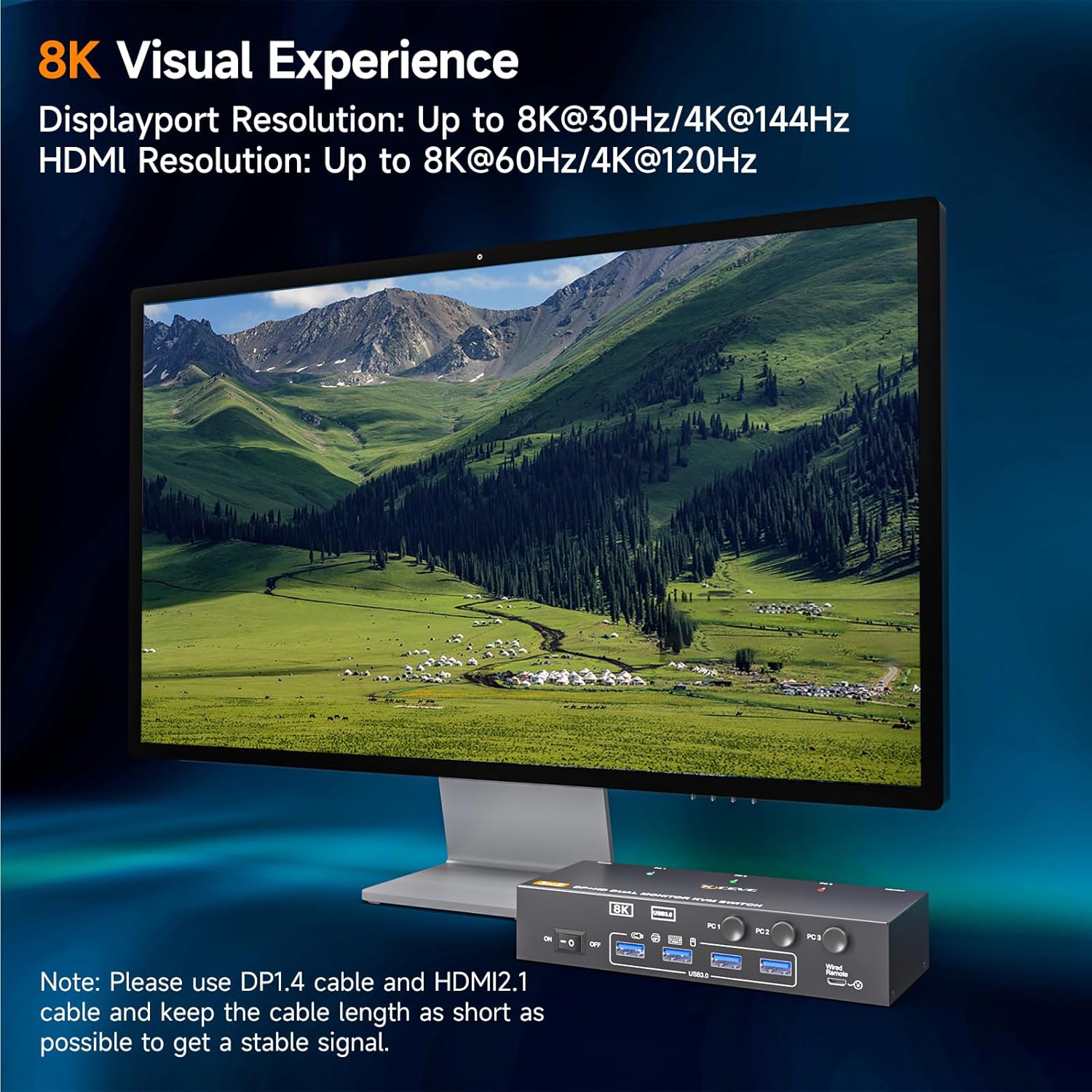 HDMI + Displayport KVM Switch 2 Monitors 3 Computers 8K@60Hz 4K@144Hz, with 4 USB 3.0 Ports