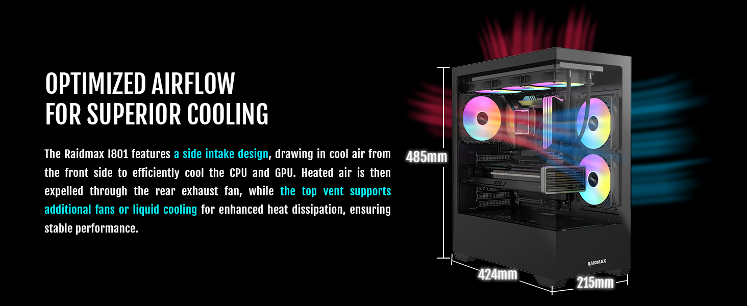 Raidmax i801 ATX gaming mid tower chassis, 270 panoramic tempered glass, ARGB 120mm fans