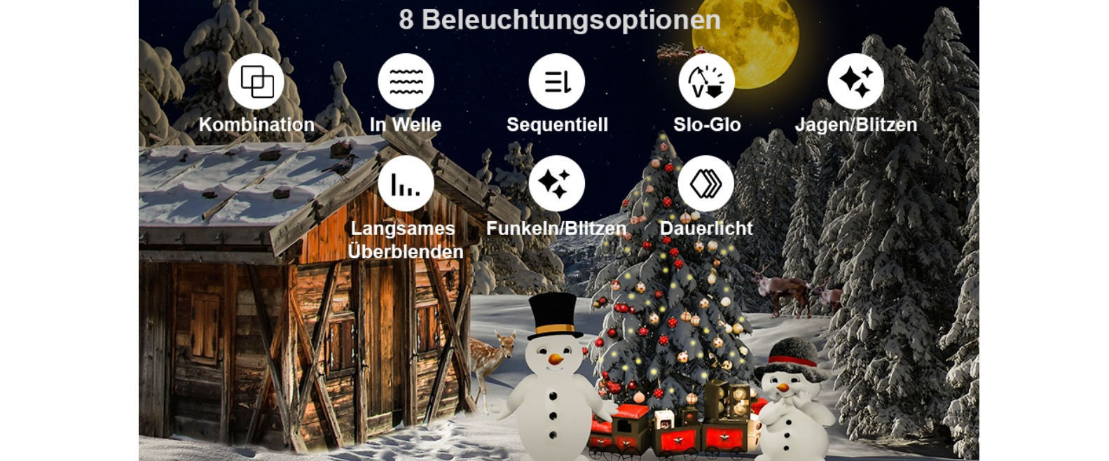 INMISS LED spray string lights showing 8 different lighting modes for holiday decoration