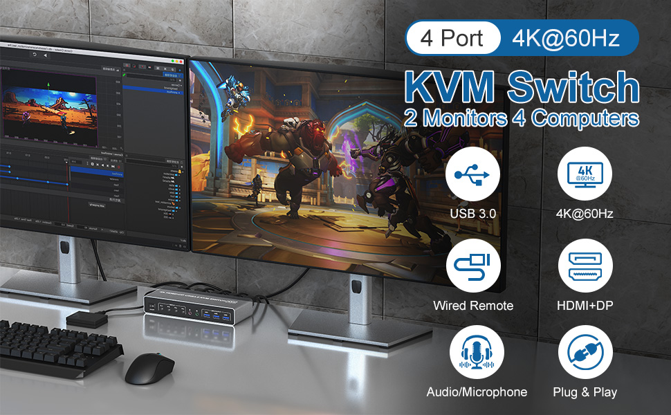 HDMI + DP Dual Monitor KVM Switch 4 computers share 2 monitor and 3 USB 3.0 devices, and Audio Micro