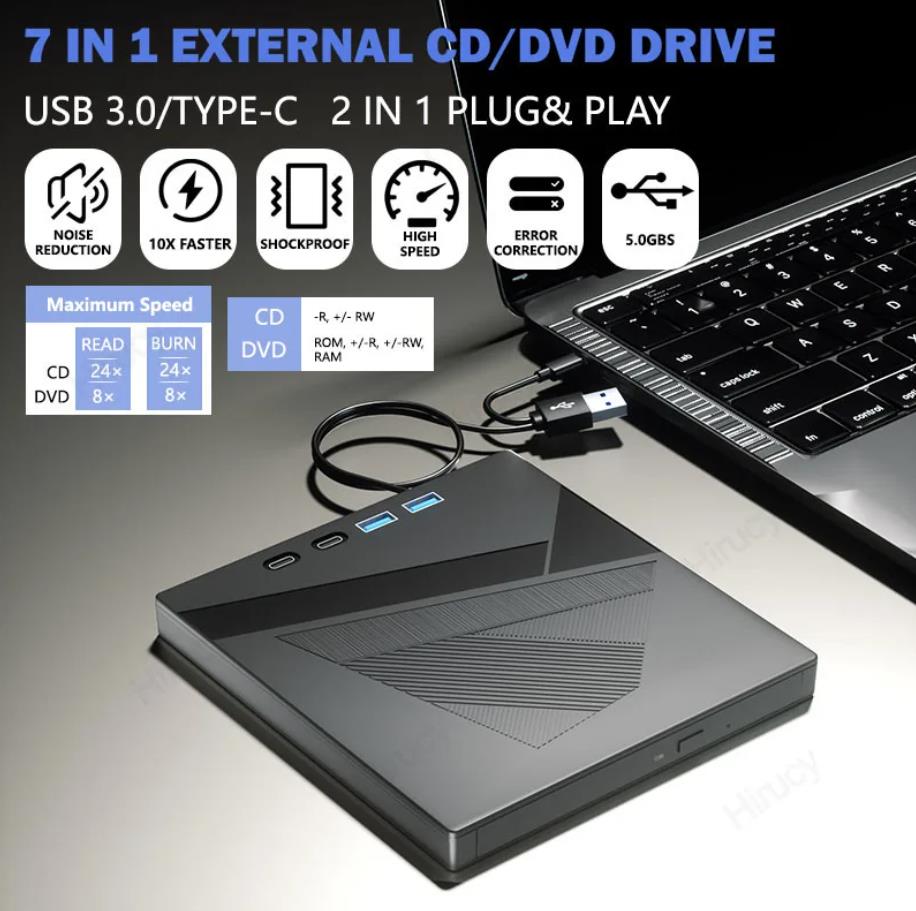 7-in-1 External CD/DVD Drive for Laptop, USB 3.0 and Type-C Portable DVD Player CD/DVD +/-RW Burner