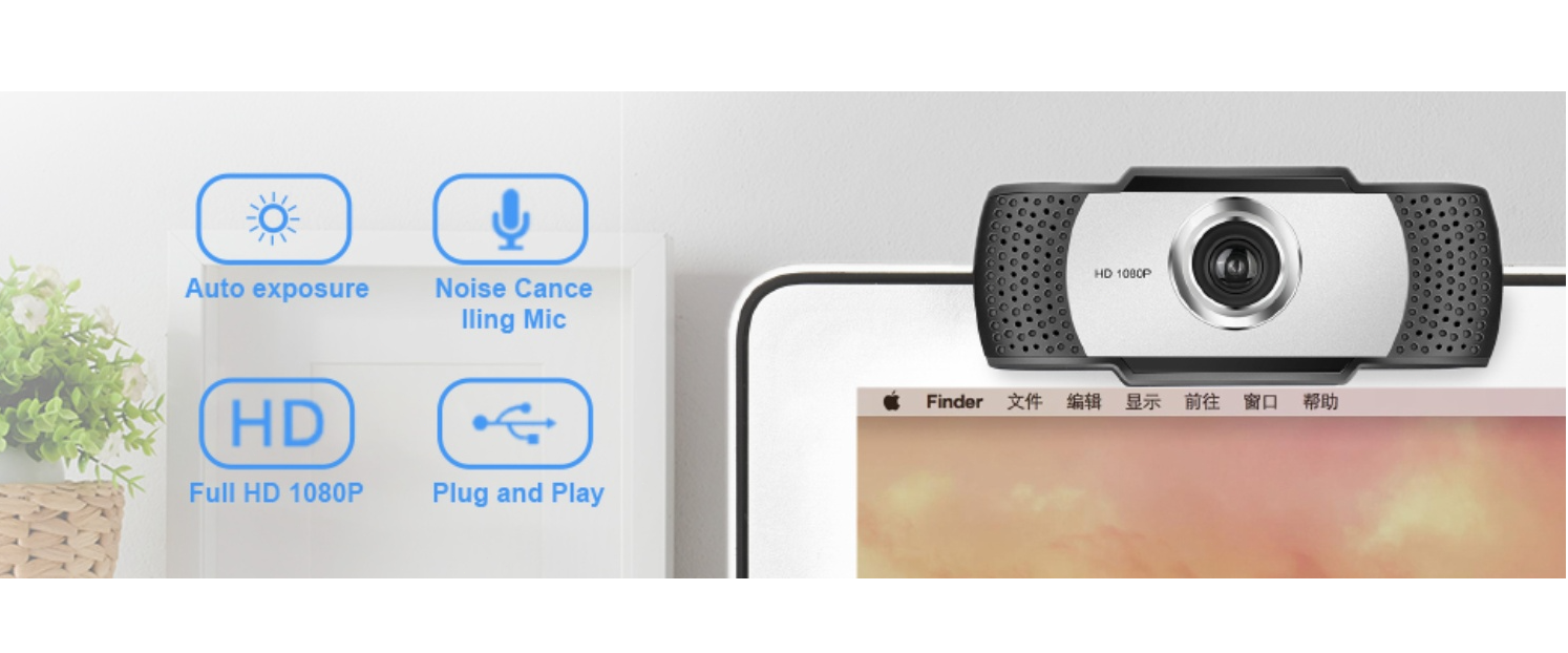 1080P Full HD webcam, auto exposure, noise cancelling mic, plug & play