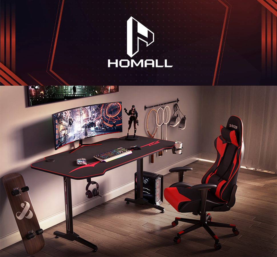 Homall 55 Inch Gaming Desk Y-Shaped PC Computer Gaming Office Desk with  Mouse Pad Home Office Study Carbon Fiber Surface Gamer Workstation With Cup