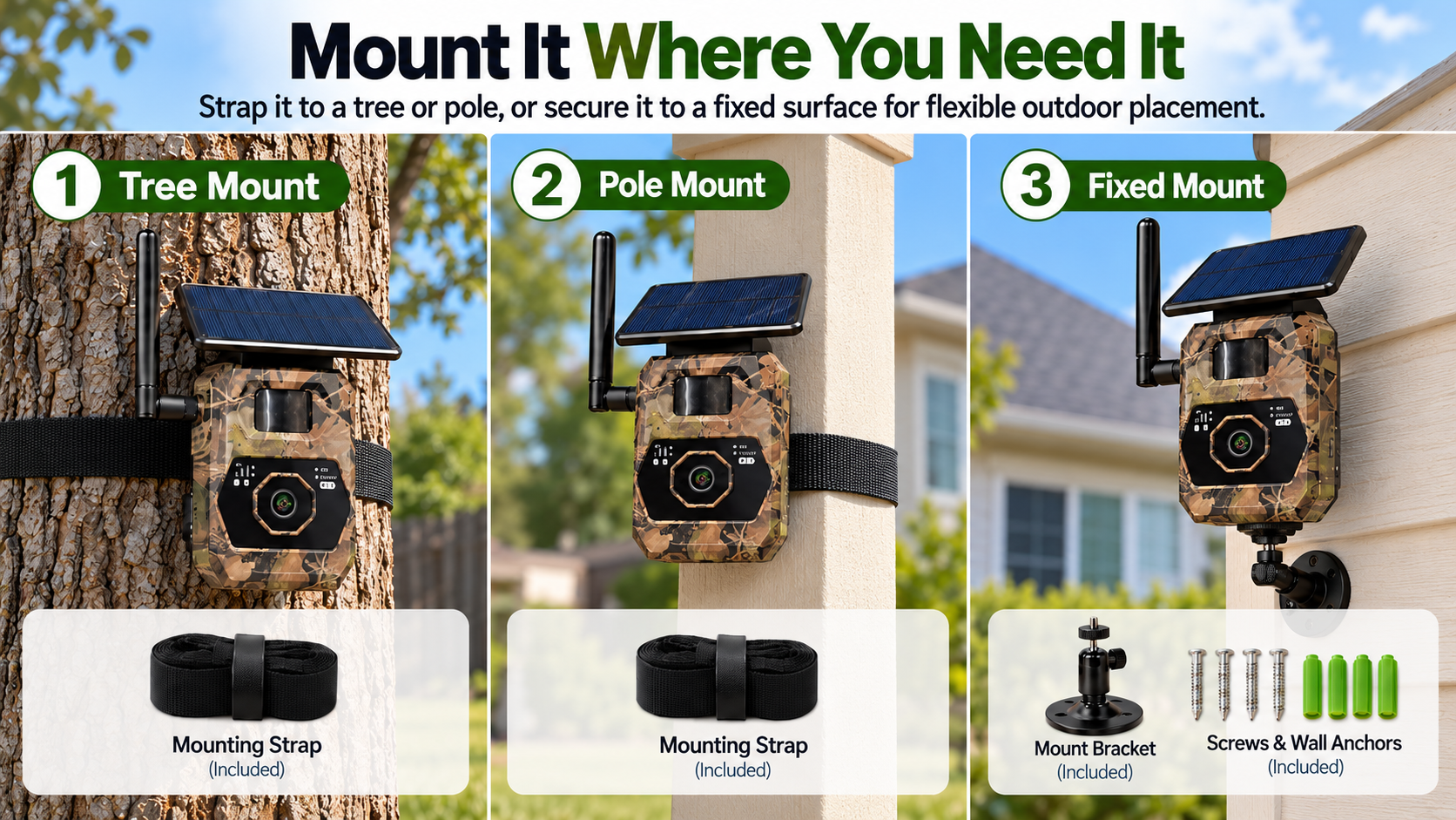 Backyard Security Camera, Tree Mount, Pole Mount, Wall Mount, Flexible Outdoor Installation
