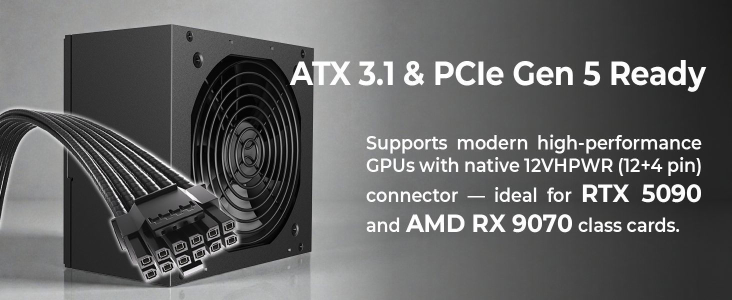ATX 3.1 & PCIe Gen 5 Ready Supports modern high-performance GPUs with native 12VHPWR (12+4 pin) conn