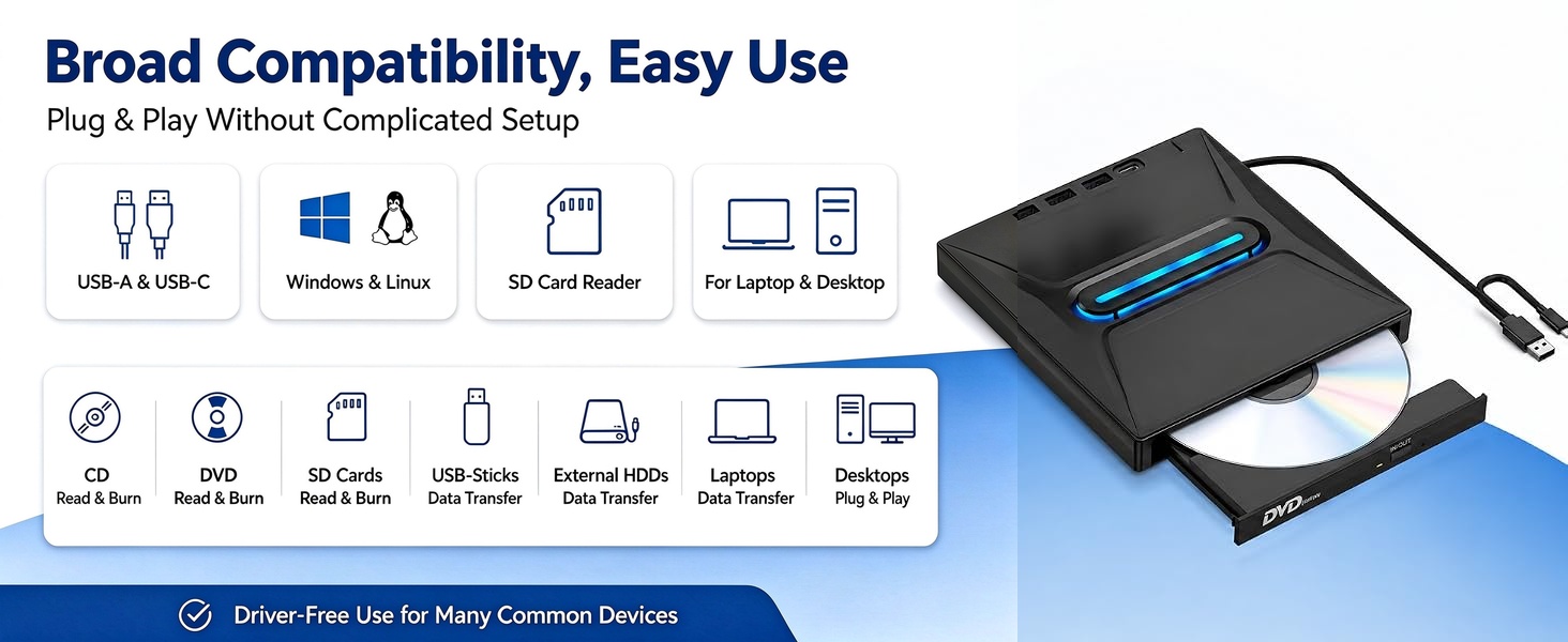 USB 3.0 Type C External CD/DVD Drive with Light Function, Portable Type-C DVD+/-RW Optical Disk Driv