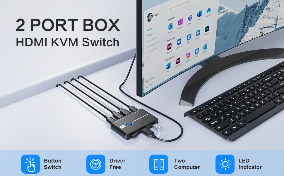 KVM Switch for 2 Computers share one single set of Keyboard, Mouse and Monitor