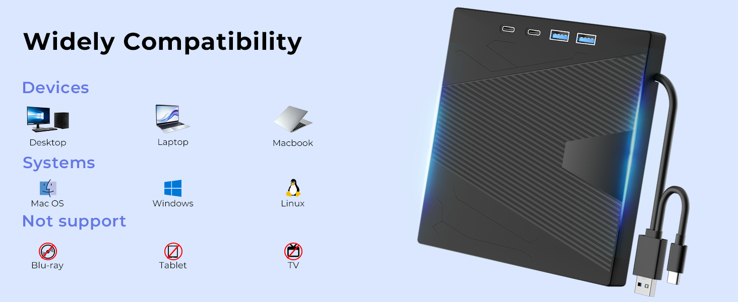 External CD/DVD Drive for Laptop, 7-in-1 Portable DVD Player for Laptop USB 3.0 & Type-C CD Burner E
