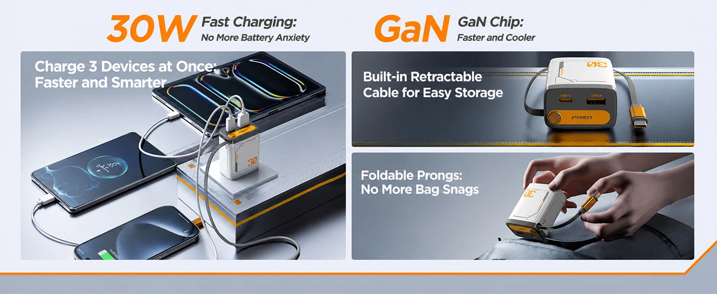 PISEN TP-C82 30W GaN Fast Charging Retractable Wall Charger Set