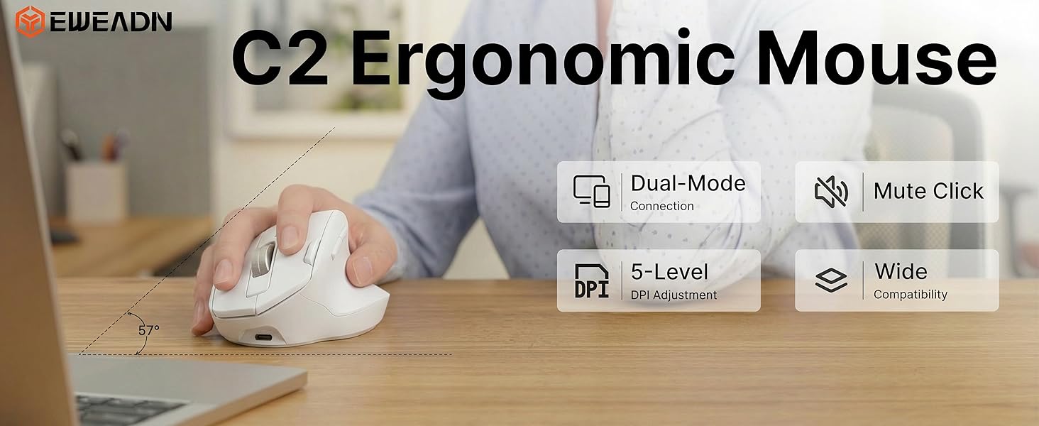 Ergonomic Wireless Mouse, 2.4G & Bluetooth Wireless Mouse for Laptop, Silent Click Dual-Mode