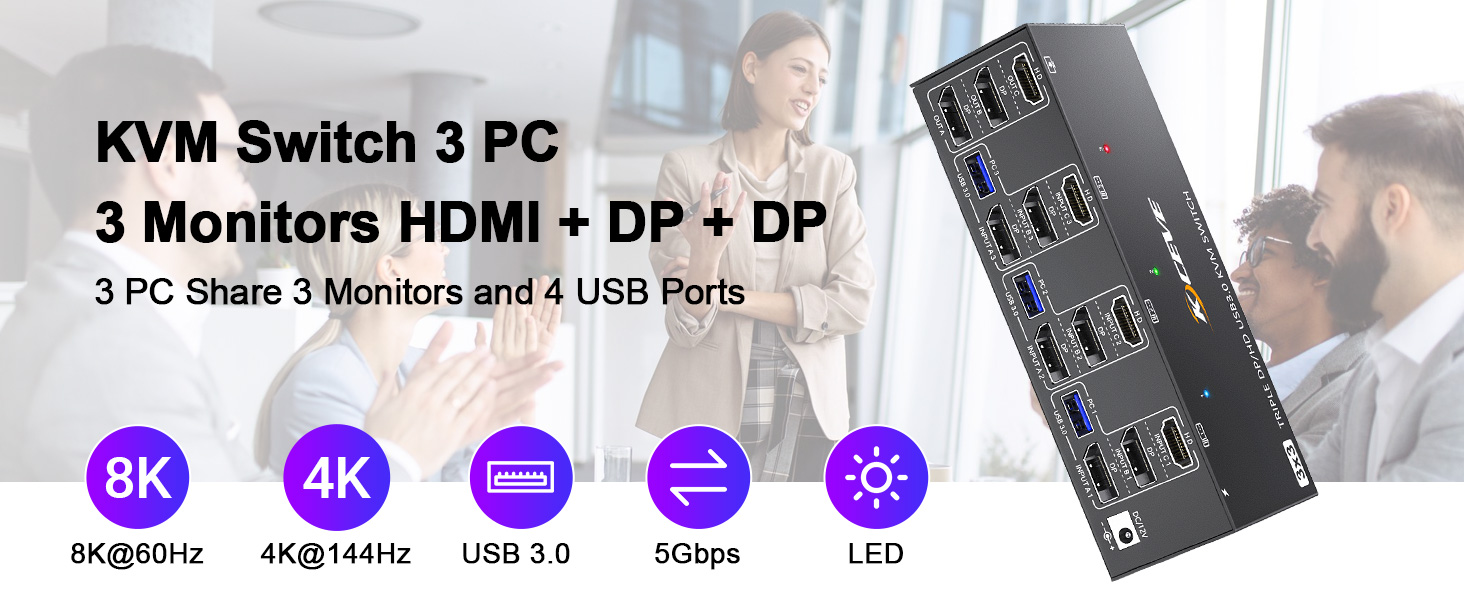 USB 3.0 KVM Switch 3 PC 3 Monitore HDMI + DP + DP 3 Ports