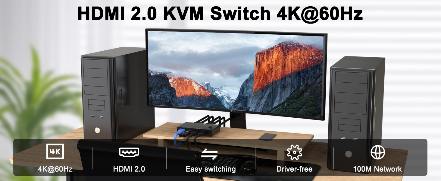 HDMI KVM Switch supports two computing devices that share a monitor and three USB 2.0 ports +100M ne