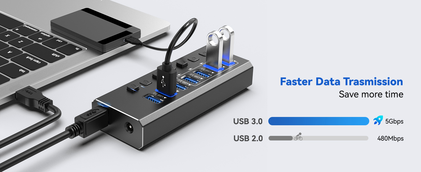 Powered USB Hub 3.0, 7-Port USB 3.0 Hub [Durable Aluminum] 7 Data Transfer Ports+ 4 Smart Charging P