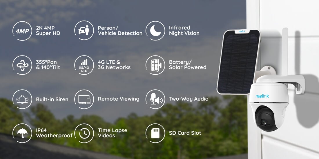 REOLINK 4G Solar Powered Pan &Tilt Security Camera System Wireless Outdoor,  2K HD Night Vision 2-Way Talk Smart PIR Detection No WiFi Needed, Reolink  Go PT Plus + White Solar Panel -