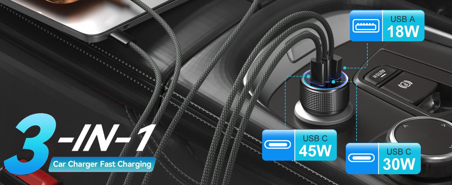 93W Car Charger USB C Fast Charge, PD45W/PD30W 3 Ports Fast Car Phone Charger|Dual USB-C & USB-A Fas