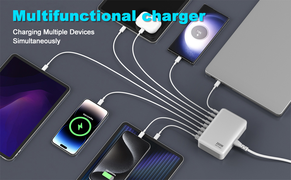 USB C Charger, 200W 8-Port QC & PD USB C Charging Station Hub, GaN Fast Charger