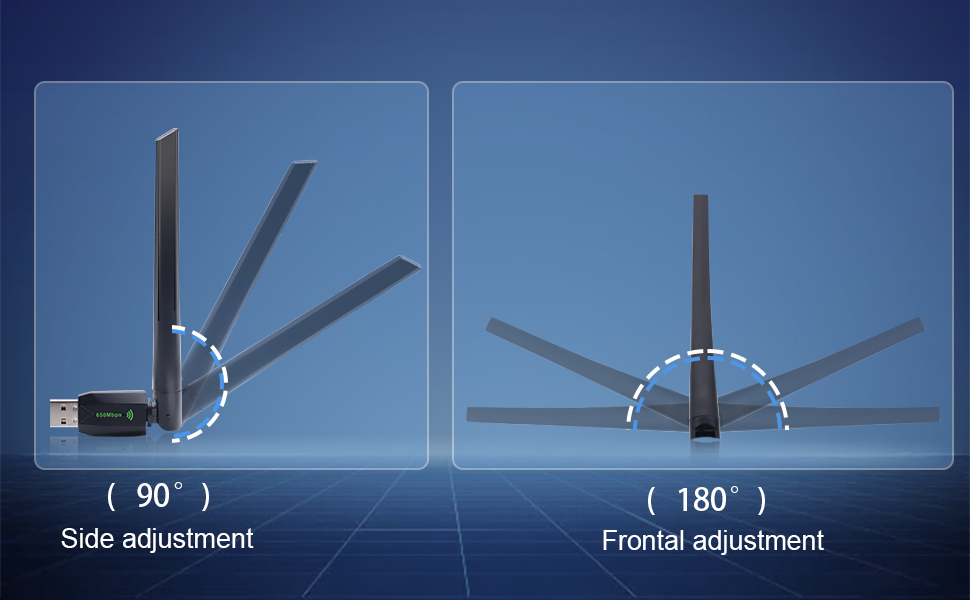 WiFi adapter with 5dBi high gain WiFi antennas that can be rotated 90°/180°. Increases signal covera