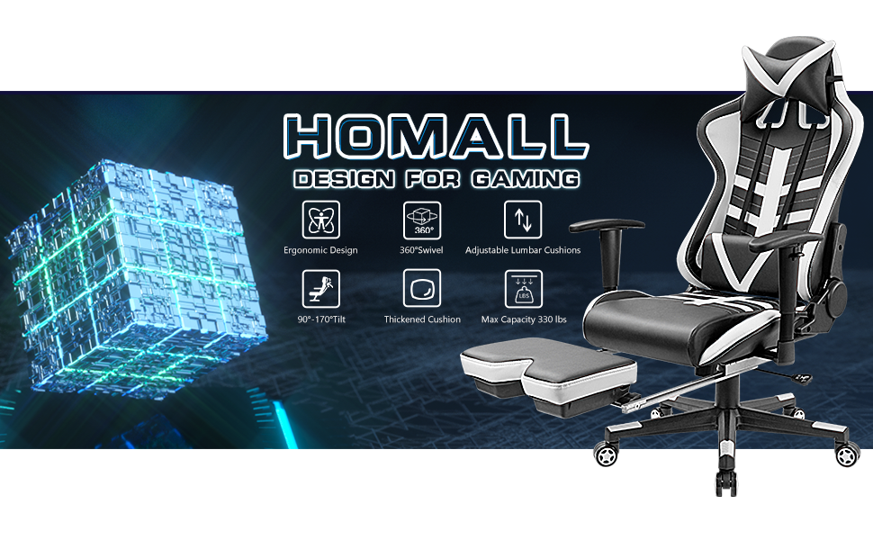 Homall Gaming Chair with Thickened Footrest Ergonomic Swivel Racing HighBack Bucket Seat