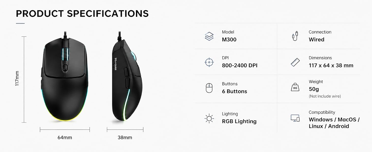 Wired Gaming Mouse RGB, 50g Lightweight Silent USB Mouse -Black | 4 DPI Levels Up To 2400, Silent Cl