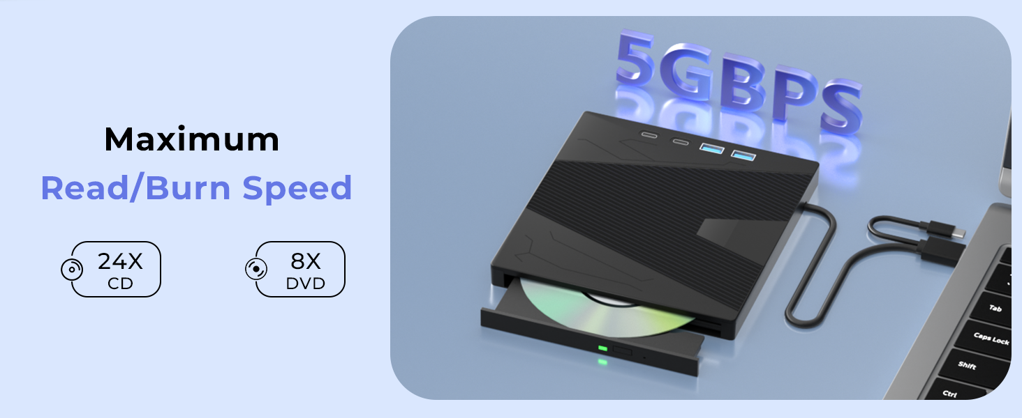 External CD/DVD Drive for Laptop, 7-in-1 Portable DVD Player for Laptop USB 3.0 & Type-C CD Burner E