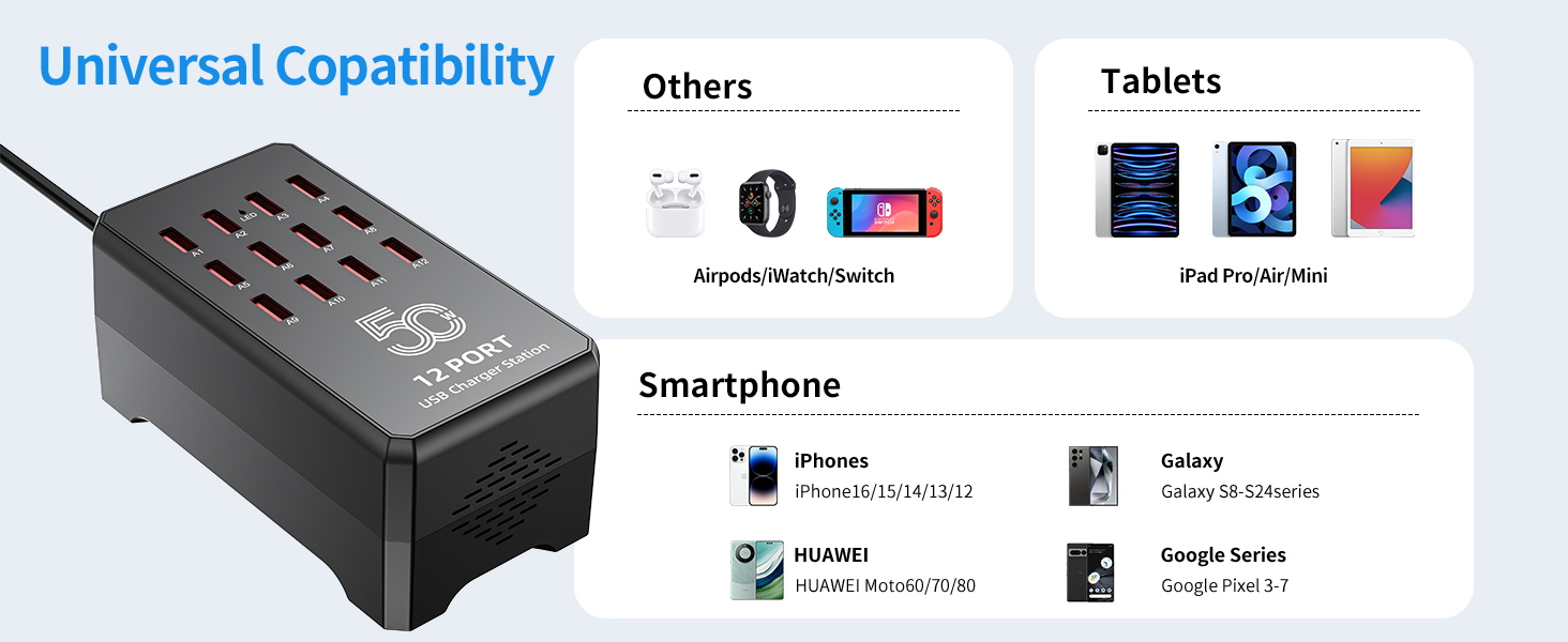 USB Charging Station for Multiple Devices, 12-Port USB Charger Block 50W