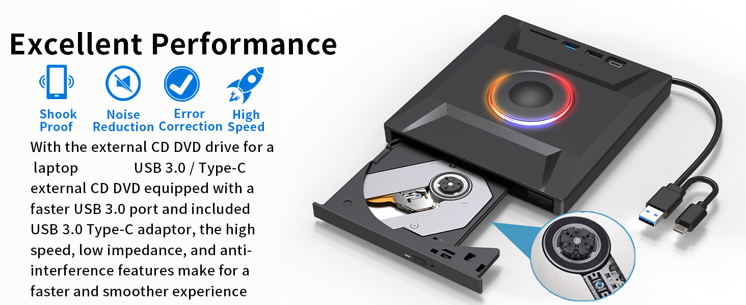 USB 3.0 and Type-C External CD DVD Drive, 7 in 1 External DVD CD Burner Player Writer