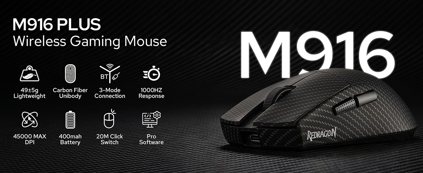 Redragon M916 Wireless 49G Ultra-Light Gaming Mouse 45K DPI Remapping Keys | Carbon Fiber Design, St